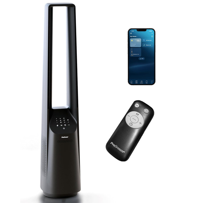 Pro Breeze Вентилятор без лопатей 101 см з LED дисплеєм та пультом - вежа, 6 швидкостей, 5 режимів, автоколивання 60°, таймер 7 годин, Smart App, чорний