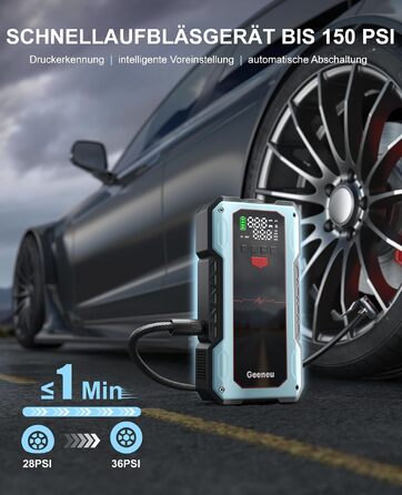 Бустер для авто Starthilfe Powerbank 6000A: пусковий пристрій з компресором 150 PSI, 12V для бензинових (до 9л) та дизельних (до 7.5л) двигунів, синій