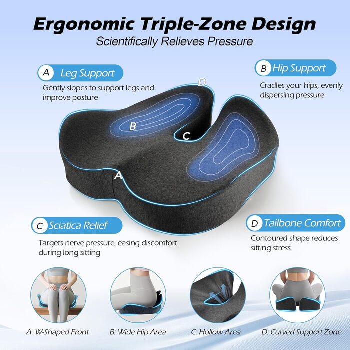 Подушка для офісного крісла Lofty Aim з піни Memory Foam: ортопедична, для попереку, від болю в сідницях, для офісу, авто, літака, інвалідного візка – чорний та темно-сірий