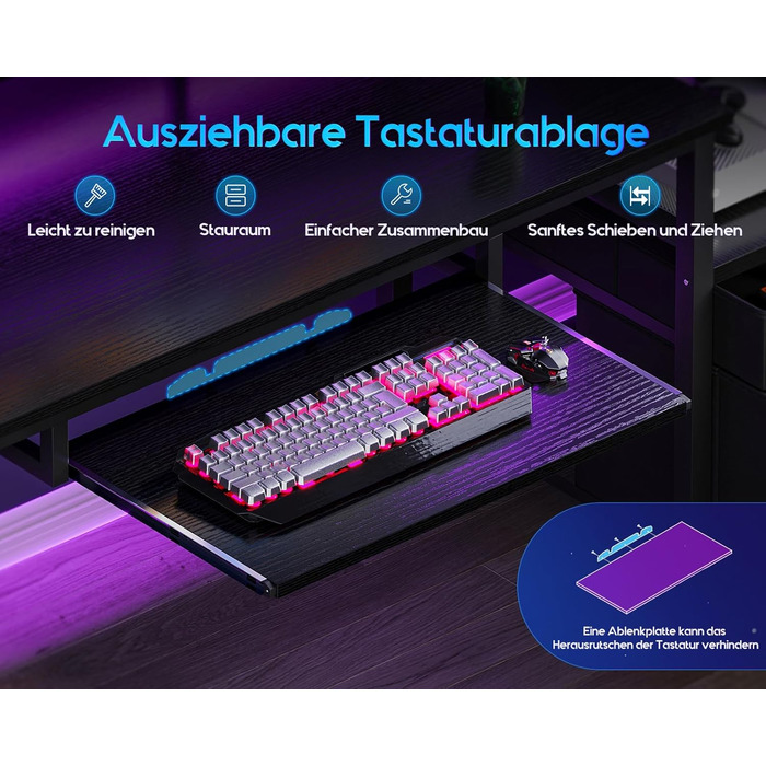 Ігровий стіл Coleshome з LED підсвіткою 140x48 см, з ящиками, 2 розетками та 2 USB портами, з підставкою для монітора, чорний