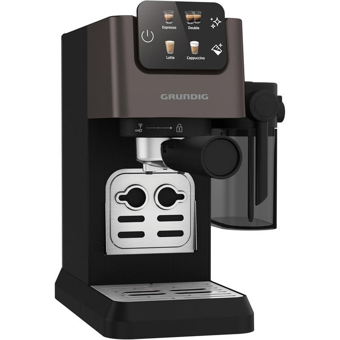 Еспресо-кавоварка GRUNDIG KSM 5330 з молочним контейнером, 1628 Вт, 15 бар, двійна насадка, сенсорний дисплей, BrewSense, CreamyPro, нержавіюча сталь/чорна