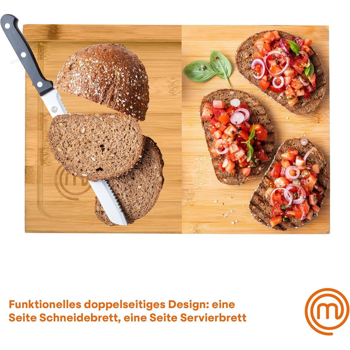 Дошка для нарізання MasterChef з бамбука, кухонна дерев'яна дошка з сокозбірником і бортиком, для м'яса, хліба, сиру, натуральна, екологічна, 38.5x26.5x2 см