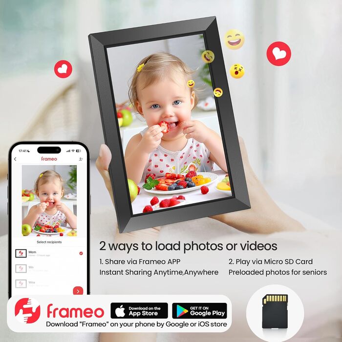 FRAMEO Цифровий фотоальбом 10.1 дюйма з Wi-Fi, IPS сенсорний екран, 32GB пам'яті, автоповорот, чорний