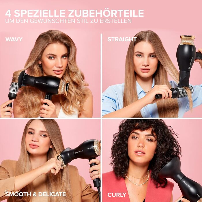 Фен Bellissima Creativity 4 You професійний, з іонізацією, 1800 Вт, 4 насадки, дифузор, розумний контроль температури, 2 швидкості, 3 режими нагріву, б'юті-сумка