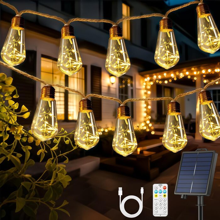 Сонячна гірлянда вулична 10м, 16 LED ламп S17, теплий білий, 8 режимів, таймер, мотузка, для саду, тераси, весілля