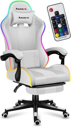 Ігрове крісло Huzaro Force 4.7, офісне, до 140 кг, RGB, біле, з підлокітниками, підставкою для ніг, подушкою для шиї та попереку, дихаюча сітка