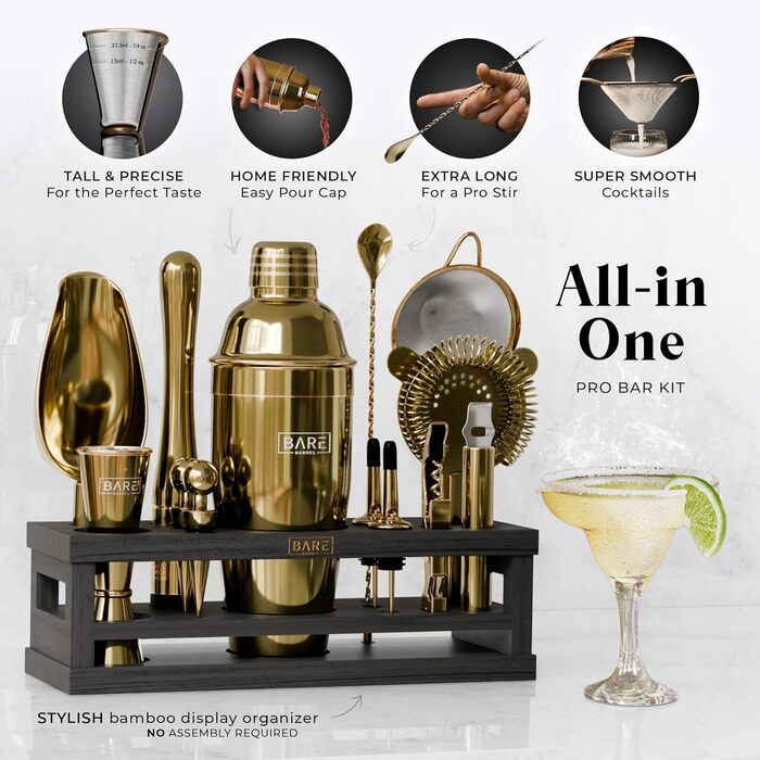 Набір для коктейлів BARE BARREL Mixology Barkeeper Set, 16 предметів, з коблер-шейкером 24oz та 35 картками рецептів, золотий/чорний