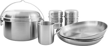 Набір туристичного посуду Tatonka Picnic Set III з нержавіючої сталі, 10 предметів — посуд для пікніка на трьох: каструля, сковорода, тарілки, чашки, кришка, безпечний для їжі, без шкідливих домішок