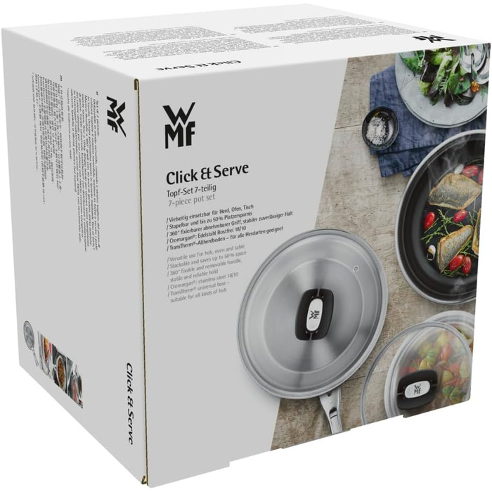 Набір посуду WMF Click&Serve зі знімною ручкою, 7 предметів, нержавіюча сталь Cromargan, для індукційних плит, з кришками та сковородою