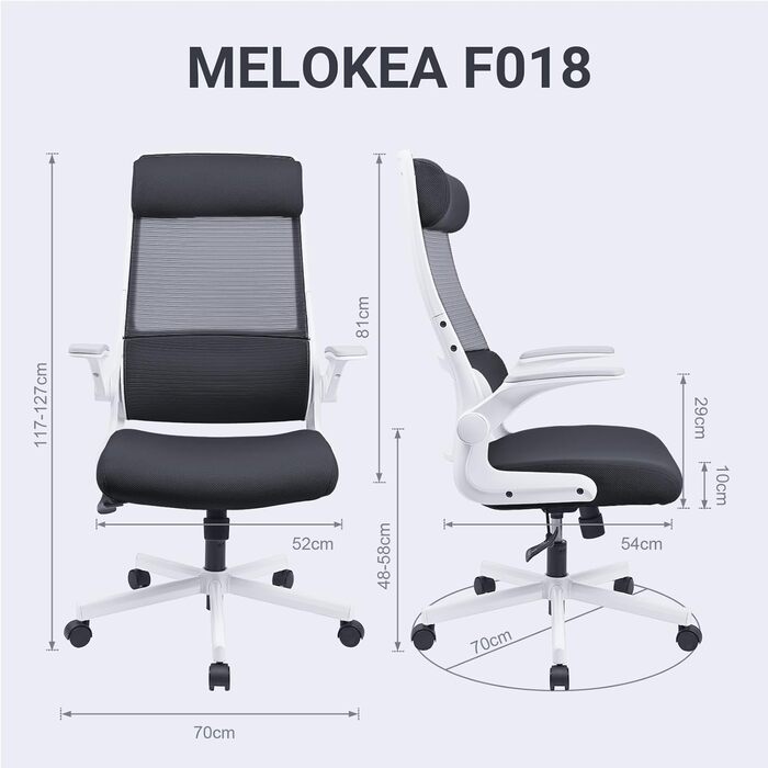 Ергономічне крісло MELOKEA для офісу з сітки, з відкидними підлокітниками, регульованим підголівником і підтримкою попереку, чорне-біле, відповідає EN 1335