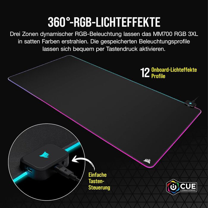 Килимок для миші Corsair MM700 RGB Extended - великий, 930x400 мм, з підсвічуванням RGB, хаб USB, чорний