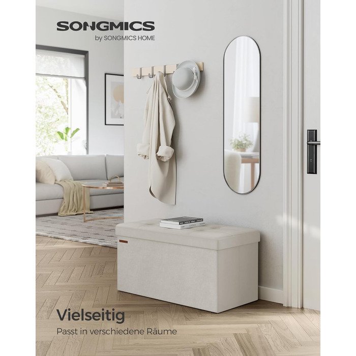 Складаний пуф SONGMICS з місцем для зберігання, 110x38x38 см, кремово-білий, до 300 кг, для вітальні, спальні, передпокою
