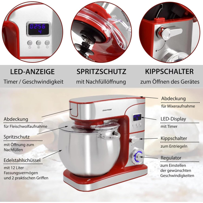 Кухонна машина Syntrox Germany Snofru, 12 л, нерж. сталь, м’ясорубка, багатофункціональний міксер, 2000 Вт, червона