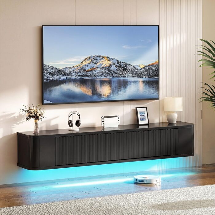 Підвісна тумба під телевізор YITAHOME 140 см з RGB підсвіткою, чорний глянцевий, настінна полиця для вітальні та спальні, великий об'єм зберігання 140x25x20 см