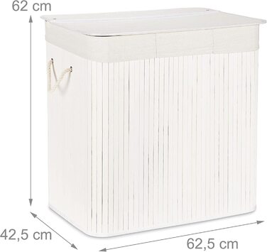 Кошик для білизни Relaxdays з 3 відділеннями, кришкою, прямокутний, з бамбука, білий, 62×62,5×42,5 см