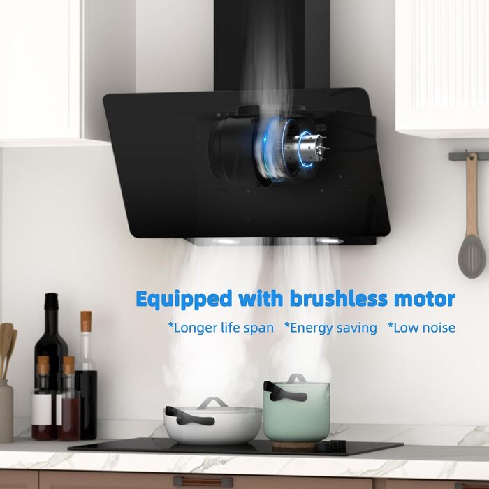 Похила витяжка для кухні FIREGAS 60 см, чорна, з LED-підсвіткою, безщеточним мотором та режимами відводу/рециркуляції повітря, клас енергоефективності A++