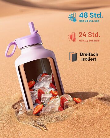 Термобутилка Coolflask 2Л зі сталею, трубою та 3 кришками, вакуумний ізольований спорт-флакон для води та офісу, герметична, рожева (1893 мл)