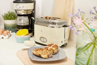 Тостер Russell Hobbs Retro 21680-56 нержавіюча сталь, 2 відділення, кремовий. З підставкою для булочок, 6 режимів, розморожування та підігрів, 1300 Вт