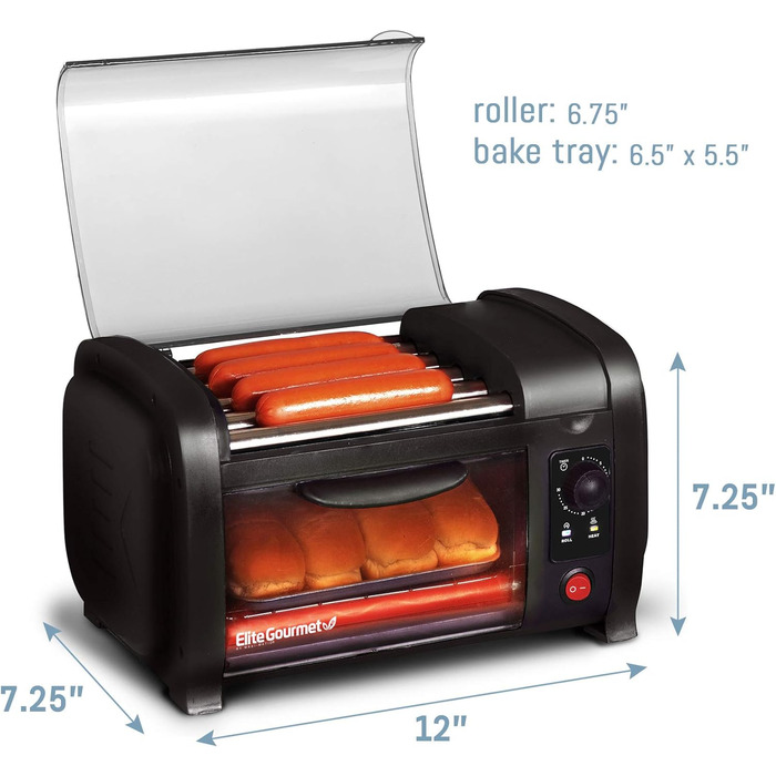 Тостер для хот-догів Elite Cuisine EHD-051B, 30-хвилинний таймер, сталеві нагрівальні ролики, піддон для крихт, 4 булочки, чорний, серія World Series Baseball