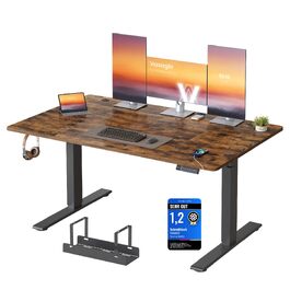 Регульований по висоті письмовий стіл VASAGLE 140x80 см, електричний стіл для роботи стоячи з USB-C портом, пам'яттю на 3 позиції та нагадуванням про перерву, вінтажний коричневий, LSD144KD02