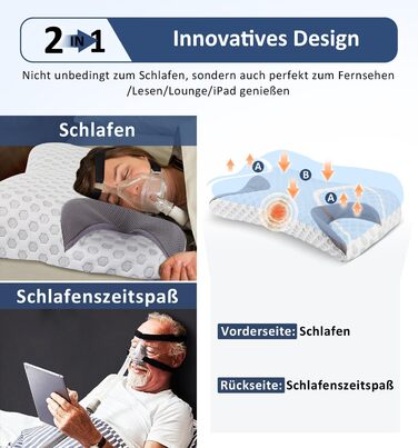 Подушка Hydomi CPAP з ефектом пам'яті для бокового сну, зменшує тиск і витоки повітря маски, ортопедична для апное сну, підтримка шиї для спини, бокового та шлункового сну, розмір King (64x38x10,5 см)