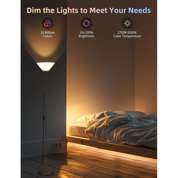LED торшер Aigostar для вітальні та спальні, з Bluetooth Mesh G45 E27 6.5W лампою, димером, RGB та 2700K-6500K, з пультом, сумісний з Alexa