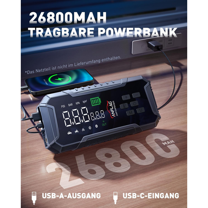 Powerbank для авто ANFLAG 7000A з компресором 160PSI, 26800mAh, для бензинових та дизельних двигунів (до 12.0L), LED-ліхтар