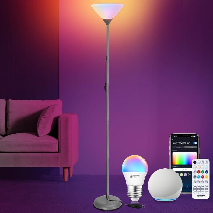 LED торшер Aigostar для вітальні та спальні, з Bluetooth Mesh G45 E27 6.5W лампою, димером, RGB та 2700K-6500K, з пультом, сумісний з Alexa