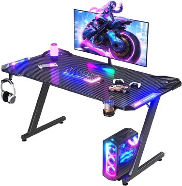 Ігровий стіл JUMMICO з RGB LED-підсвіткою, комп'ютерний стіл для геймерів та Home-office з тримачем для навушників та підстаканником, чорний (140 x 60 см)