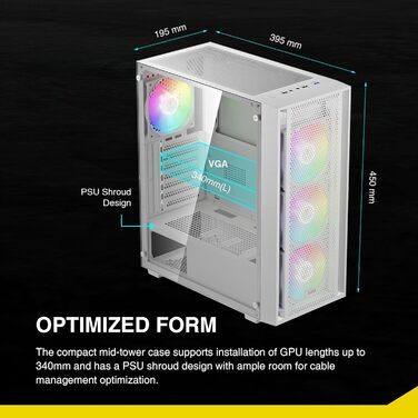 Ігровий корпус GAMDIAS Aura GC2 Elite ARGB ATX, білий, 4x120мм ARGB вентилятори, скляна бічна панель, Mesh-панель, синхронізація з материнською платою