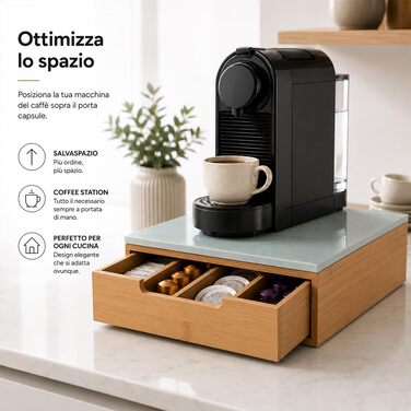 Тримач для кавових капсул BAKAJI з шухлядою з бамбукового дерева для Nespresso, Dolce Gusto, Modomio, Lavazza, чайних пакетів та цукру, білий (31,5 x 30 x 10 см)