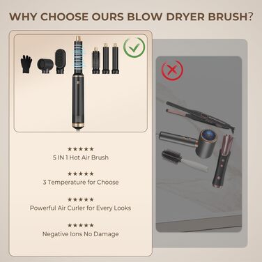 MogaWave Air Styler Pro 6 в 1: Фен-щітка, стайлер для волосся 1000W (Чорний)
