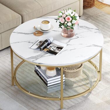 Журнальний стіл YITAHOME, круглий, 2-ярусний, 80x80x46 см, дерев'яний та скляний, з місцем для зберігання, білий і чорний, металевий каркас, для вітальні та спальні