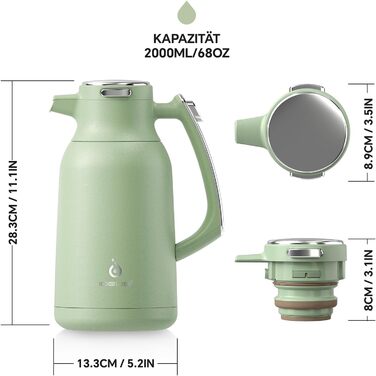Термос IDEUS Thermoskanne 2л, нержавіюча сталь, подвійні стінки, вакуумна ізоляція, кавоварка-термос для кави та чаю, BPA-free, колір Celadon (авокадо)