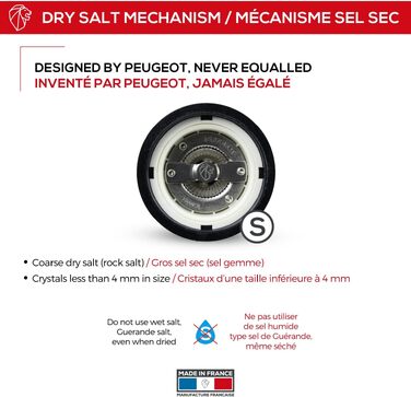 Млинок для солі Peugeot Paris u'Select, 12 см, 6 налаштувань помолу, дерево PEFC, чорний лак