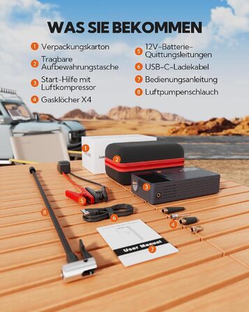 Бустер-стартер для авто 7-в-1 з портативним компресором, Powerbank 12000mAh, LED-ліхтарем та USB-C зарядкою, набір для екстреної допомоги JC8