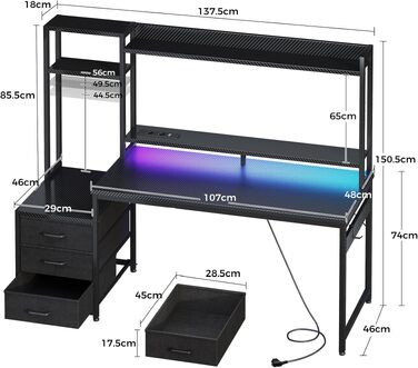 Ігровий стіл Coleshome з LED підсвіткою, полицями та висувними ящиками 137x48 см, чорний карбон