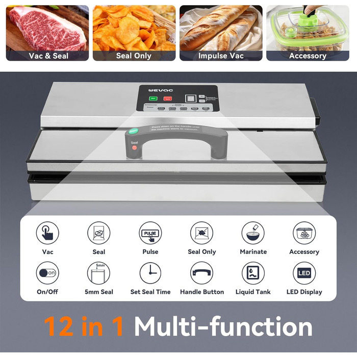 Wevac Вакуумний пакувальник професійний, нержавіюча сталь, 40 см, 16 л/хв, регульована потужність, для сухих та вологих продуктів