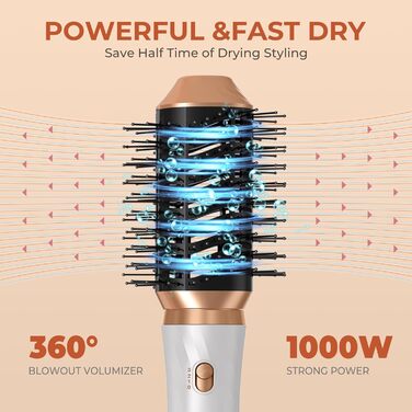 UKLISS Hairstyler 6 в 1: Професійний фен-щітка з насадками для укладки волосся 1000 Вт, повітряна щітка, мультистайлер, білий (золотий)