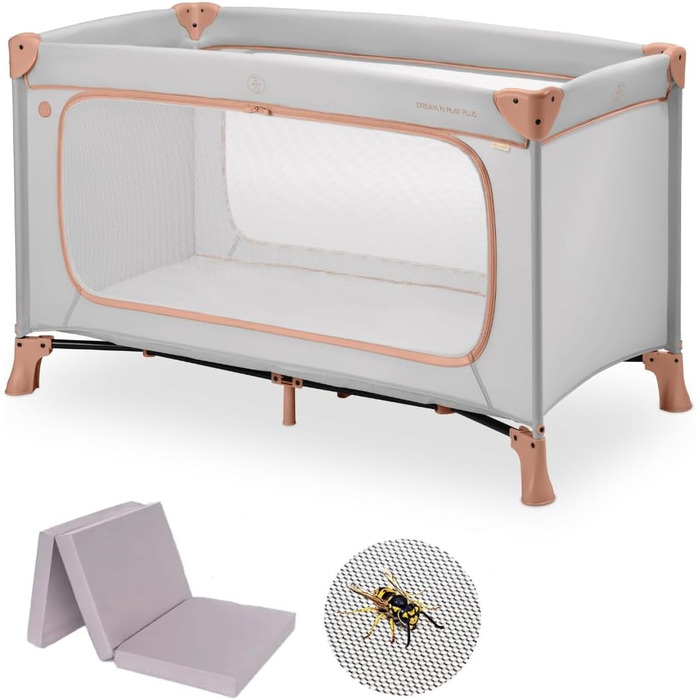 Дитяче складне ліжечко Hauck Dream n Play Plus з матрацом і москітною сіткою, дорожня сумка, великий вхід, Dusty Cork