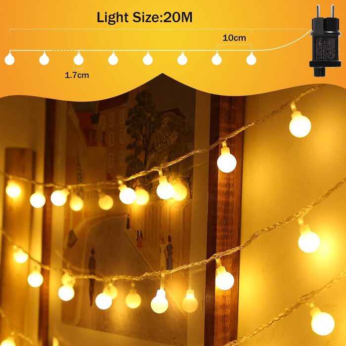 Гірлянда світлодіодна вулична/кімнатна 300 LED куля, 20м, 8 режимів, IP44, теплий білий для декору вечірок, саду, балкону