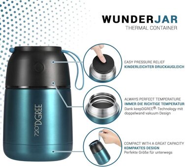 Термос для їжі 720°DGREE wunderJar 450 мл, нержавіюча сталь, герметичний, BPA Free, зелений, для супу, мюслі, дитячого харчування, зберігання теплих і холодних страв, ланчбокс для подорожей