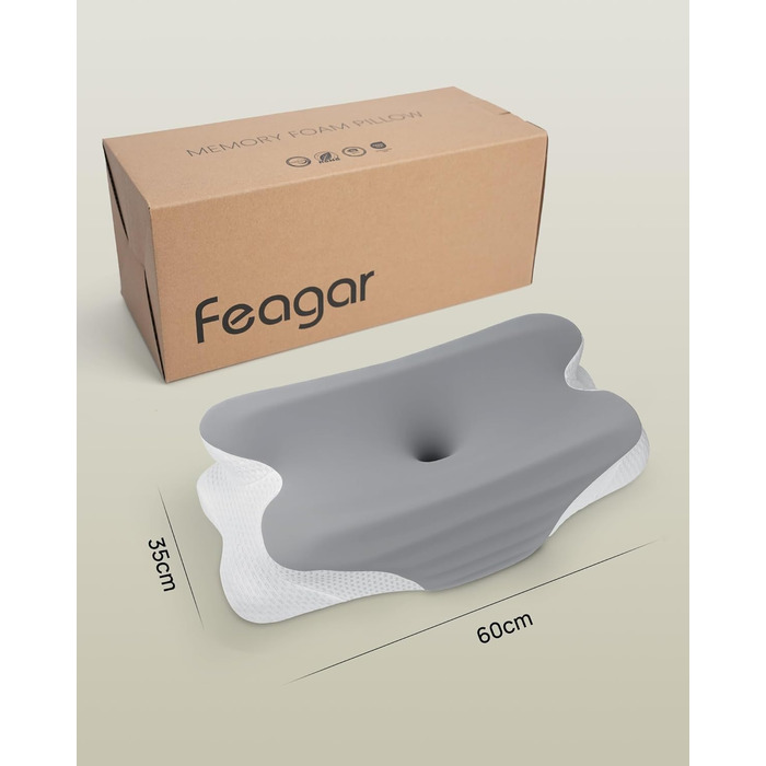 Подушка для шиї Feagar з Memory Foam, ергономічна, 2 висоти (8/12 см), сіра. Підтримка шиї та плечей