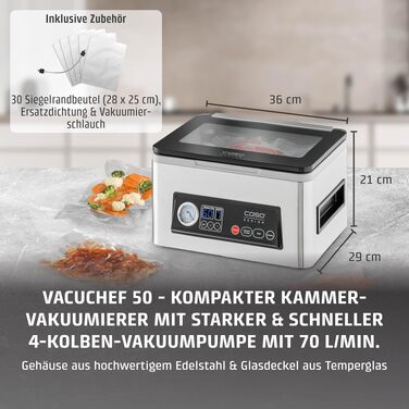 Вакуумний пакувальник CASO VacuChef 50 - 4л, 70 л/хв, подвійний шов, 30 пакетів, ущільнювач, шланг