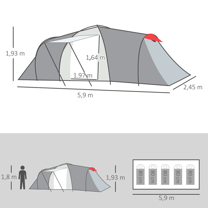 Outsunny Camping Tent, Тунельний намет на 6 осіб з 2 спальнями, вітальня, тамбур, вітрозахисний сімейний намет UV50+ з сумкою для перенесення, 2000 мм водовідштовхувальний засіб для кемпінгу, саду, сірий