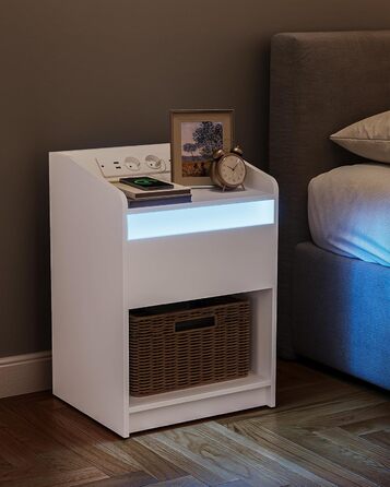 Тумба приліжкова Hzuaneri з LED-підсвіткою, USB, розетками, шухлядою та відкритою полицею, біла, для спальні та вітальні