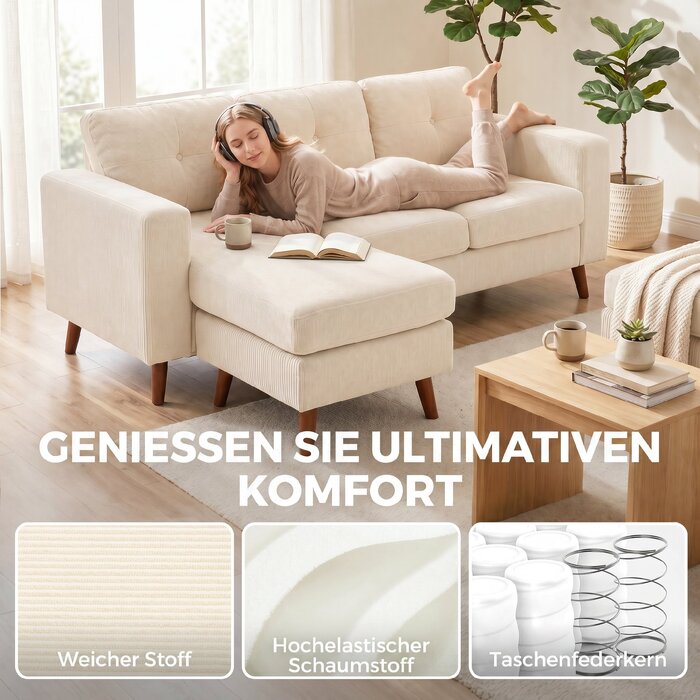 Кутовий диван Ecksofa (192 см), 3-місний, з реверсивним шезлонгом, велюр-кордуロイ, для маленьких кімнат, кремово-білий