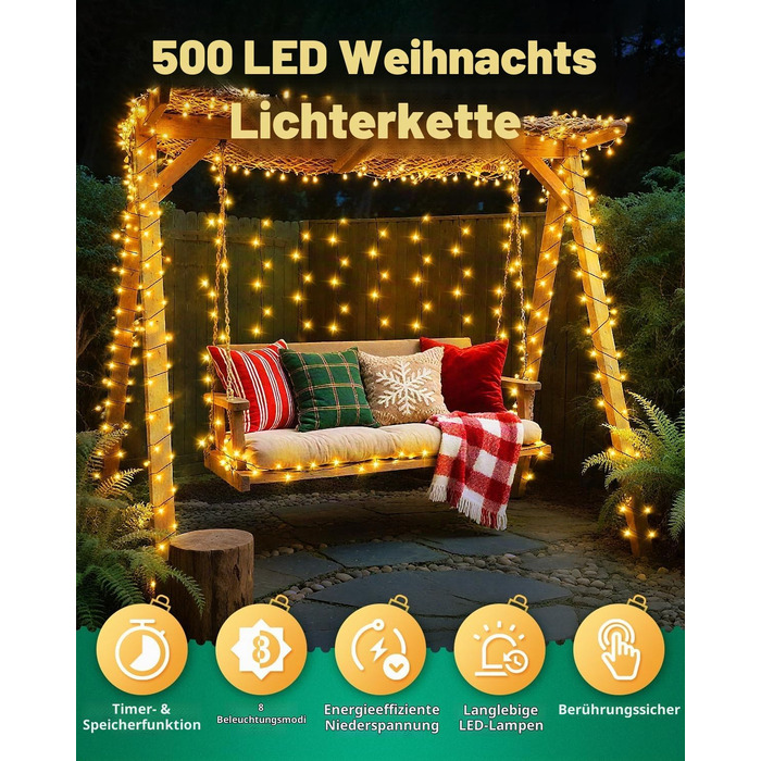 Світлодіодна гірлянда Dalugo для вулиці 50м, 500 LED теплий білий колір, водонепроникна новорічна ілюмінація з таймером та 8 режимами світіння