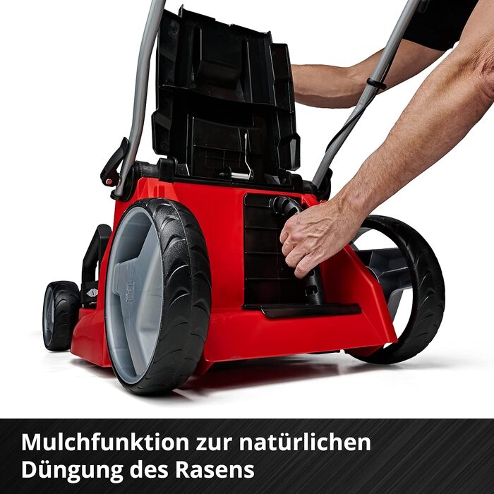 Акумуляторна газонокосарка Einhell GE-CM 43 Li M Kit Power X-Change 36В, безщіткова, ширина косіння 43 см, для газонів до 600 м², з мульчуванням, кошик 63 л, висота 25-75 мм, 2 акумулятори 4.0 А·год та 2 зарядні пристрої