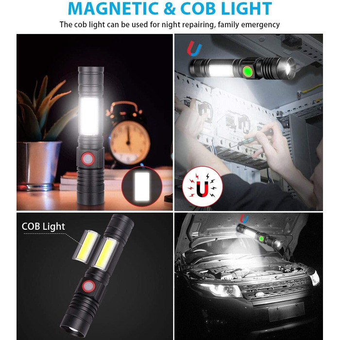 LED ліхтар Karrong 3000 люмен з магнітом, USB-зарядка, водонепроникний, з COB боковим світлом, 4 режими, для кемпінгу, туризму, 2 шт, чорний
